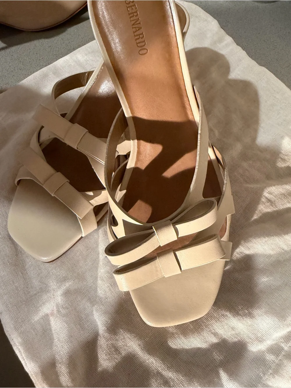 Bernardo Ivory Strappy Heel Sandals with Bow Detail